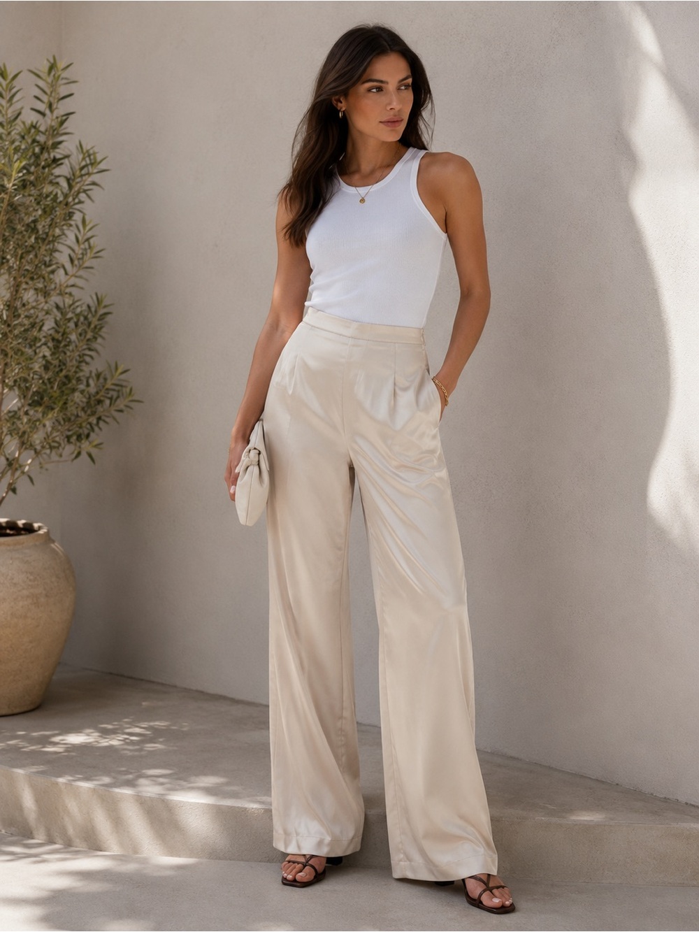 Nasty Gal Satin Wide Leg Pants Champagne Champagne Side Zip NWT Size 6